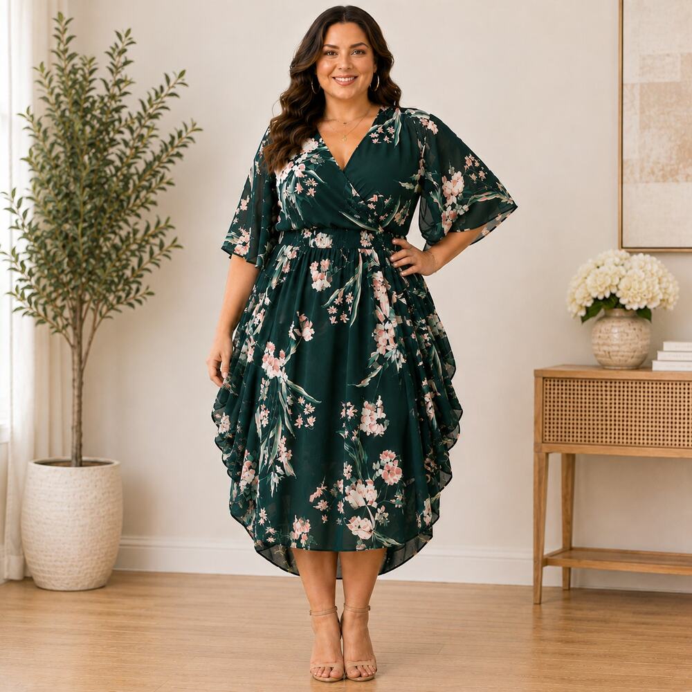 City Chic Floral Faux Wrap Dress XL Dark Green Pink Floral Side Drape